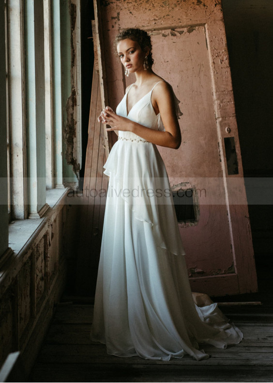 Spaghetti Straps Ivory Chiffon Open Back Wedding Dress